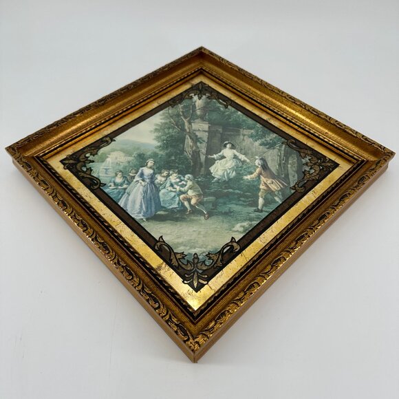 Vintage Gold Framed Rococo Style Lithograph Wall Art 11.5"x11.5" Diamond - Picture 3 of 5